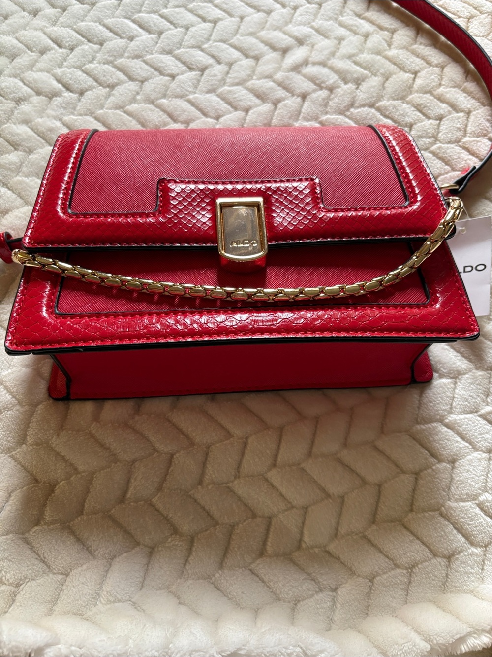 Aldo Red Structured Crossbody with Gold Chain Accent